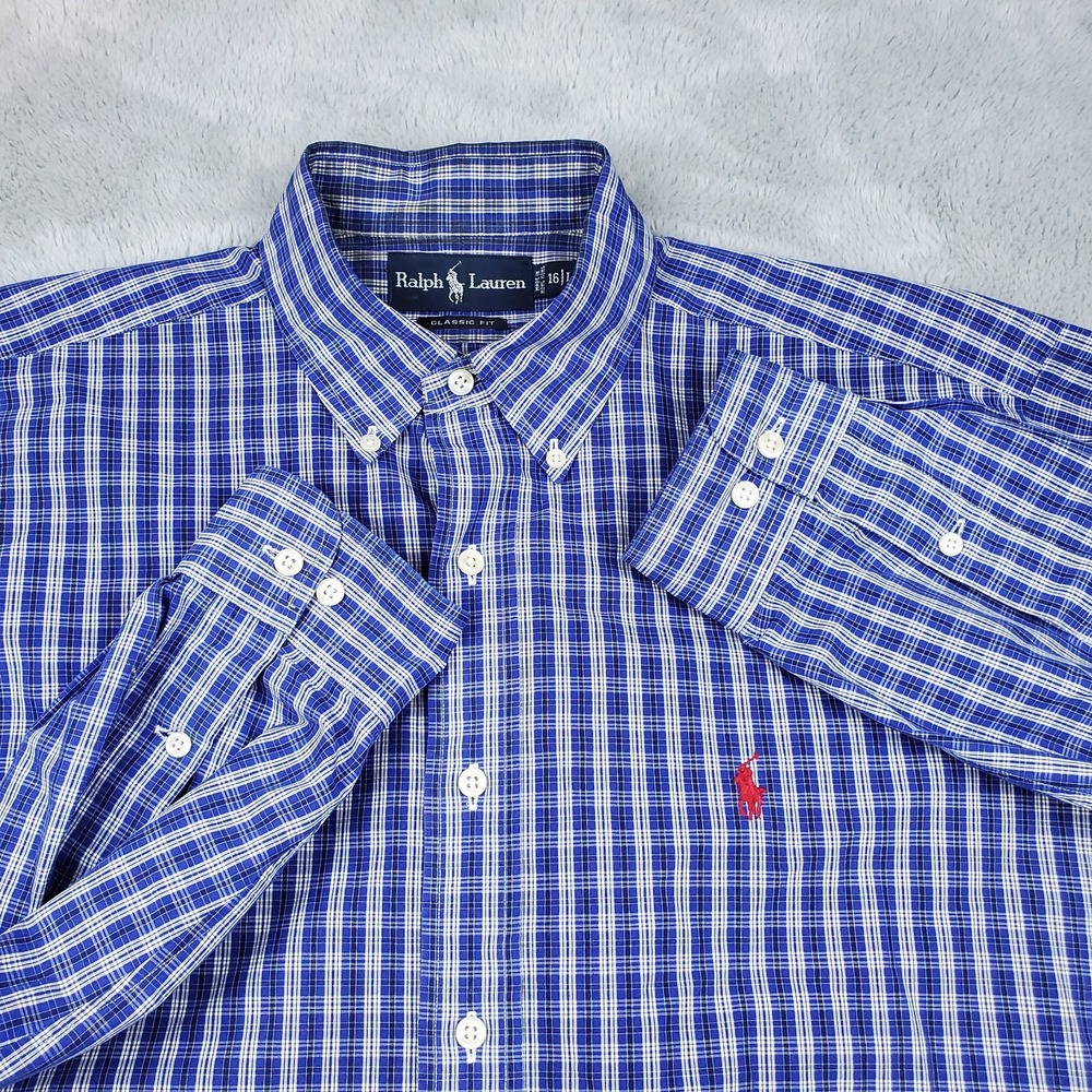 Ralph Lauren Button Down Shirt Men 16 L Classic Fit Plaid Long Sleeve Blue White
